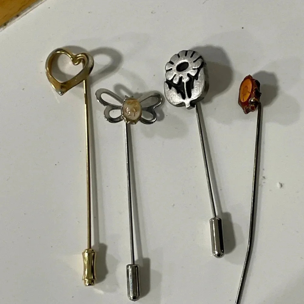 Vintage Lot of 4 Hat Pins Floral Sweden Wood Metal